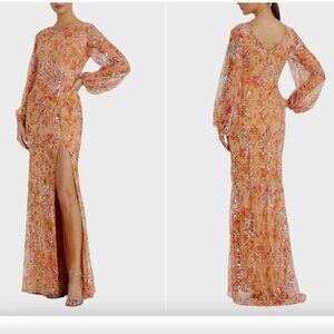 NWT $458 Mac Duggal Floral Print Sequined Puff Sleeve Gown Apricot Size 8